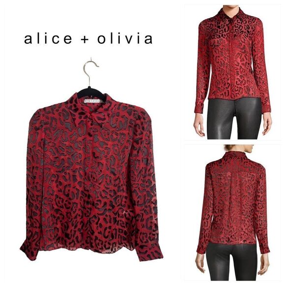 Alice + Olivia Red Willa Placket Leopard Burnout Blouse - Picture 1 of 15